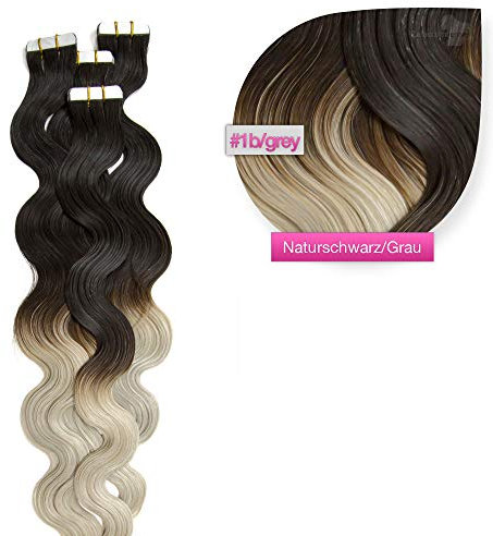 Tape in Extensions gewellt Extensions zum Einkleben 10 Strähnen 50cm wellig Haarverlängerung, Haarverdichtung Remy Human Hair Echthaarverlängerung - #Ombre Balayage 1b-grey (Naturschwarz/Grau)
