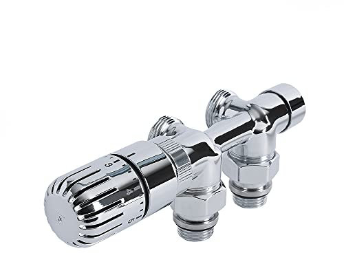 Milano Chrome Angled Thermostatic H Block Heated Towel Rail Radiator Valves Eurocone Adapter - 15mm