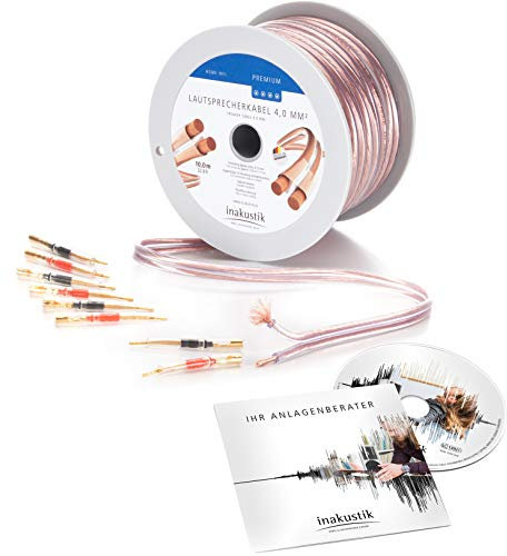 inakustik Lautsprecherkabel Premium, 10m transparent, 2x4,0mm², inkl. 8 Flexible Pins und CD ANLAGENBERATER, verlegefreundliche S/Z-Verseilung farblich kodiert, Artikel 00402410A, Made in Germany