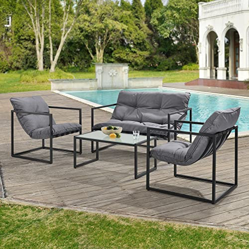 casa.pro Gartenmöbel Set 4-teilig Gartenset Gartengarnitur mit Polsterkissen Sitzgarnitur aus Sitzbank Sessel Couchtisch Outdoor-Möbel mit Stahlgestell Sitzgruppe Schwarz/Grau