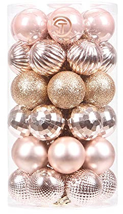 Sea Team 41-Pack Christmas Ball Ornaments with Strings, 40mm/1.57 Small Size Baubles, Shatterproof Plastic Bulbs, Hanging Decorations for Xmas Tree, Holiday, Wedding, Party, Rose Gold