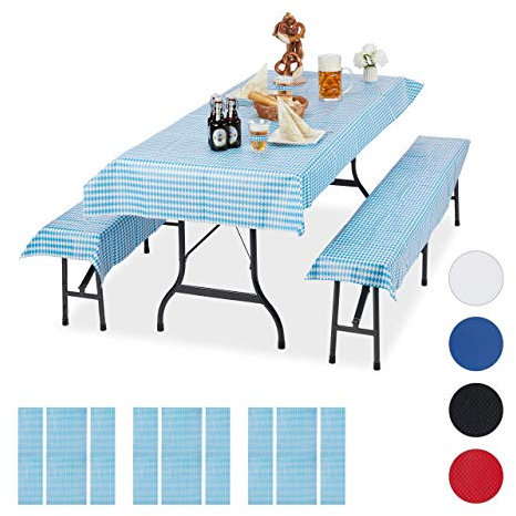 Relaxdays 12 x Bierzeltgarnitur Auflage, bayrisch, 4 Biertisch Tischdecken 250x100cm, 8 Bierbankauflagen 250x55cm, weiß-blau