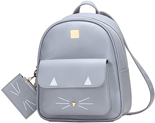 Asge 2-teiliges Set Rucksack Damen Elegant PU Leder Daypack Mädchen Tasche Umhängetasche Schulrucksäcke (Grau)