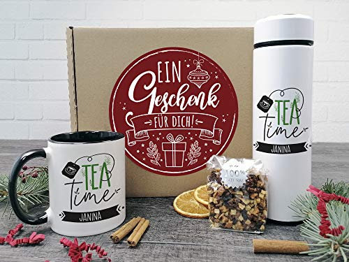 GRAZDesign Tee Geschenkset mit Namen Teebox Tasse mit Thermosflasche Weihnachten inkl. Tee und Box - Geschenkbox (Tea Time, Geschenkset)