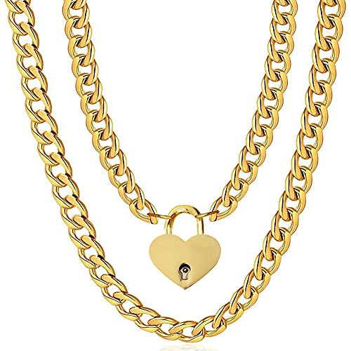 Padlock Necklace Stainless Steel Lover Heart Lock Collar Choker for Men Women Silver 16-20 inch