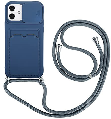 Crossbody Necklace Phone Cases Compatible with Apple iPhone 12 Mini Case Slide Camera Lens Protector Cover with Card Slort and Lanyard Cord Strap Soft Flexible TPU Bumper Shockproof Shell(Blue)