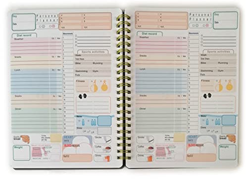 Tagebuch Dieta Fitness Planner, A5, 14,5 x 20,5 cm, 50 Blatt (100 Tage), Einzigartiges Layout, mit schwarzer Metall-Spiralbindung, Englisch
