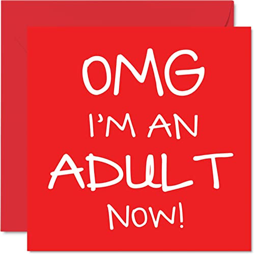 Stuff4 Lustige Glückwunschkarte zum 18. Geburtstag Jungen und Ihn OMG I'm an Adult Now – Teenager Achtzehnte Karte Bruder Schwester Sohn Tochter Cousin 145 mm x 145 mm humorvolle rote Grußkarte