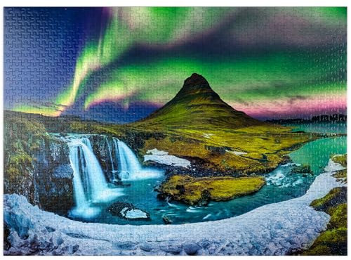 MyPuzzle Northern Lights Aurora Borealis At Kirkjufell in Iceland - Premium 1000 Piece Jigsaw Puzzle for Adults