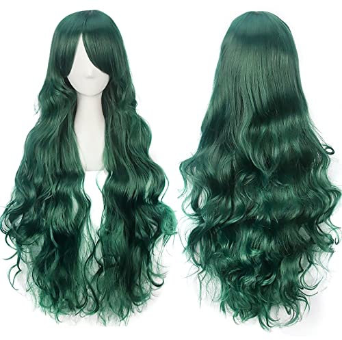 YEESHEDO Dunkel grün Cosplay Perücke für Frauen Langes Gewelltes Haar Synthetische Perücken mit Pony für Halloween Party Kostüm Anime 32 Zoll 80 cm