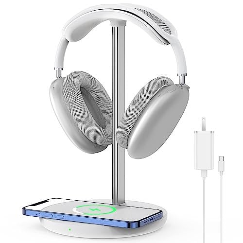 Headphone Stand with Wireless Charger, Gaming Headset Holder Hanger Rack 2 in 1 Wireless Charging Station Dock for iPhone 15/14/13/12/11 Series, AirPods Pro/3/2 and Desk All Headphones, White