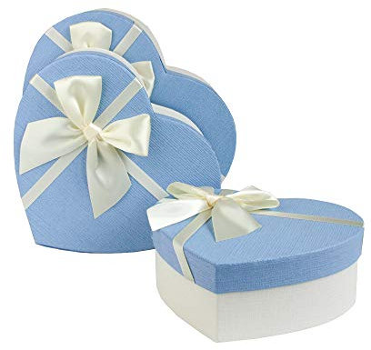 Emartbuy Set mit 3 starren Herzen Geschenkboxen, strukturierte weiße Box mit blauem Deckel, Satinschleife und 100 g geschreddertes Papier in Creme