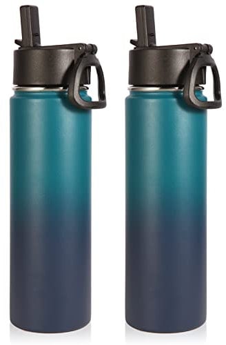 Volhoply Insulated Water Bottles with Straw Bulk 2 Pack, 660ml Stainless Steel Sports Bottle, Double Walled Vacuum Metal Travel Water Tumbler, Reusable Water Flask for School Hiking(Dark Night,2 Set)