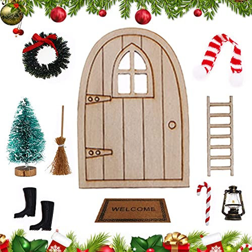 Wichteltür, 10 Wichteltür Weihnachten Set, Wichteltür mit Zubehör, Miniatur Wichtel Set, Wichteltür Zubehör Enthält Holztür Öllampe, Teppichdecke, Weihnachtsbaum, Dekokranz für Miniatur Möbel, etc