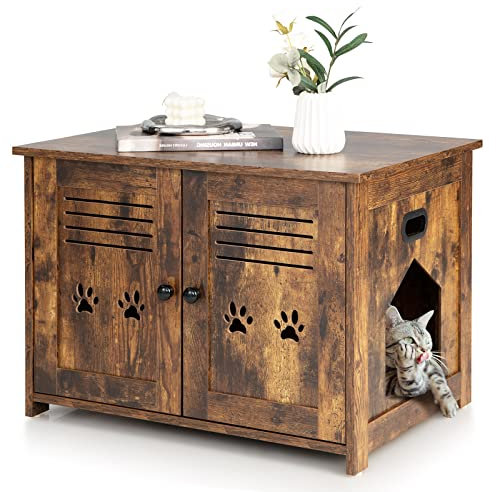 COSTWAY Cat Litter Box Enclosure, Wooden Kitty Hidden Washroom Toilet, Industrial Kitten House Furniture with Double Louvered Doors, Side Entrance and Cutout Handle