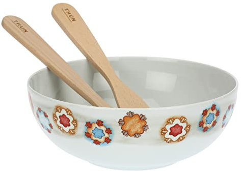THUN - Set Ciotola Grande in Porcellana Decorata con Mestoli in Legno - Linea Regali d'inverno - Idea Regalo Natale 2022 - Ciotola Ø 26 cm; Cucchiaio 30x4,5 cm, Forchettone 30,5x5 cm