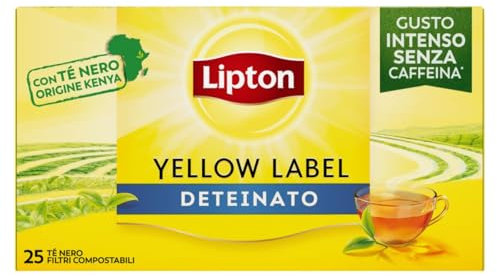 Lipton Yellow Label, Tè Nero Deteinato, Gusto Intenso ed Equilibrato, Ideale per Tutte le Occasioni, Confezione di Carta, Filtri Compostabili, 25 Filtri