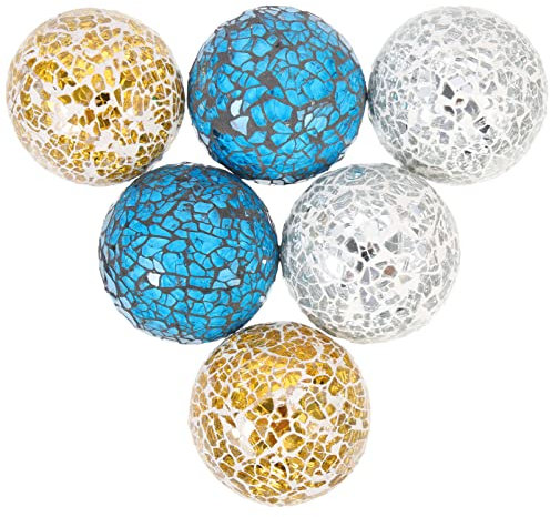 Beavorty 6pcs Decorative Glass Balls Mosaic Sphere Decorative Orbs Centerpiece Balls for Bowls Vases Filler Dining Table Decor Christmas Fall Blue Silver Gold