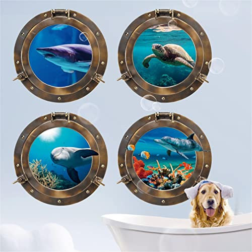 Wandtattoo 3D Bullauge Wandaufkleber Hai Wal Marine Unterwasserwelt Schildkröte Delfin Ozean Fenster – Küche Kinderzimmer Badezimmer Wohnzimmer Dekoration 360 mm x 360 mm