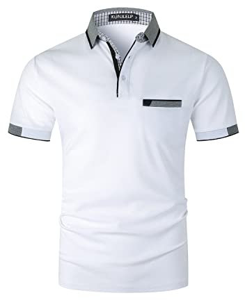 KUNJLELP Men's Regular-Fit Cotton Short Sleeve Polo Shirt Casual Golf Polos,White,XXXL