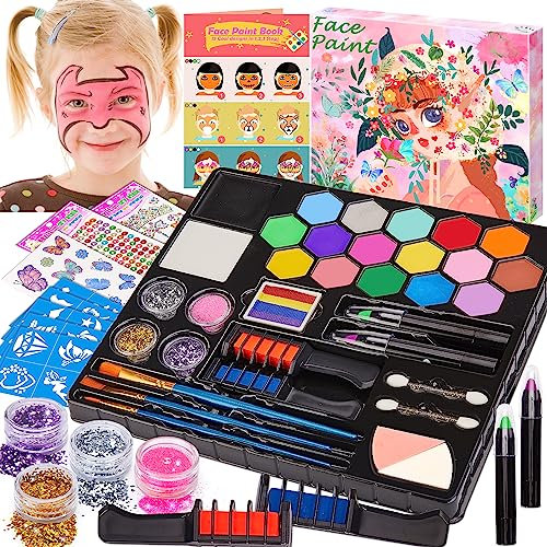 Chennyfun Face Paint Kit for Kids, 18 Colors Professional Face Painting Kit, Water Based Paints With Gem Sheet, Glitters, Stencils, Hair Chalks, Safe Body Painting for Carnival, Makeup & Party Cosplay