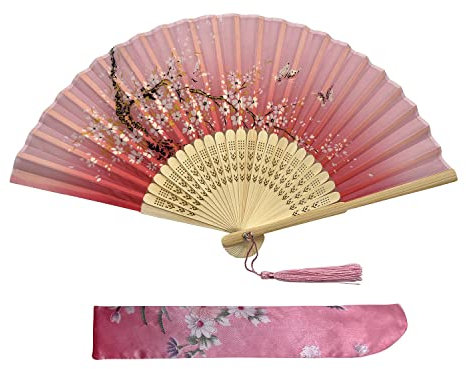 Kibon Folding Fans, Handheld Fans, Hand Fans, Bamboo Fans with Tassel for Birthday Gifts Dancing Cosplay Wedding Party Props Decoration (Light Pink)