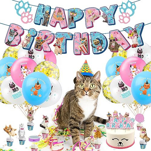 pkinmonut 39 PCS Cat Birthday Decorations,Cat Party Decorations,Cat Cake Toppers,Girl Cat Theme cat balloons Birthday Party Decorations Supplies, Gold (bb023)