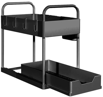 XUANYU Étagère sous Évier à 2 Niveaux, 2 Étages Rangement sous Évier Cuisine, Panier de Rangement Coulissant à 2 Niveaux, Organisateur de Tiroir Coulissant pour Cuisine/Salle de Bain, Noir D-1 PCS