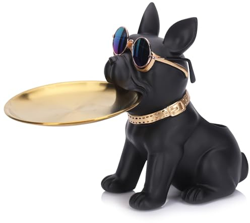XIYOUQI Harz Französische Bulldogge Statue Ablagetablett Schlüsselablage für Eingangstisch Niedliche Hundebutler Statue mit Tablett Schwarze Französische Bulldogge Figur Tierskulptur Tischdekoration