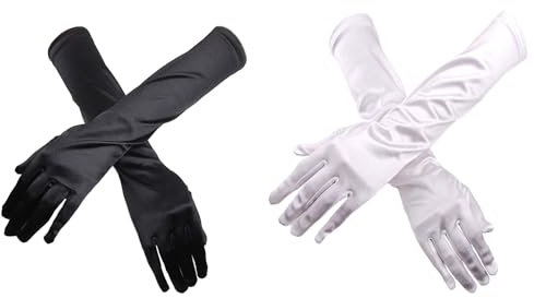 TRKETK 2 Paar Lange Opern Satin Handschuhe für Damen, Abend Opern Handschuhe Satin Ellenbogen Handschuhe 1920er Jahre Stil Abschlussball Handschuhe Weiß und Schwarz für Party Hochzeit Opern(55 cm)
