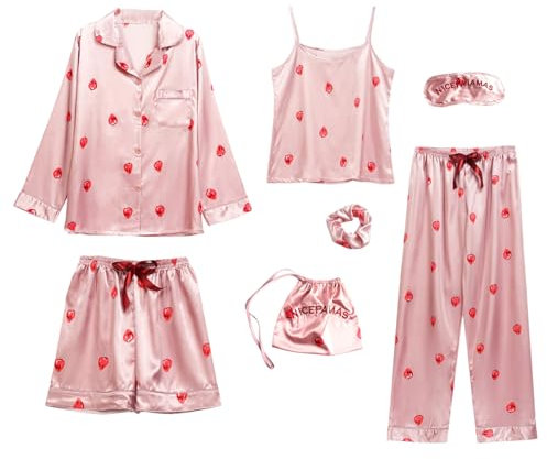 Jamron Damen 7PCS Satin Pyjama Set Frühling Sommer Herbst Tops & Kurze Hose Nachtwäsche SN07655 Rosa Erdbeere L