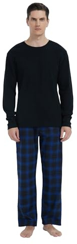 GLOBAL Herren Schlafanzüge Flanell Herren Pyjama Set Baumwolle Langarm-Pullover Oberteil und elastische Unterteile mit Kordelzug Weich Bequem Schwarzes Top Karierte Hose