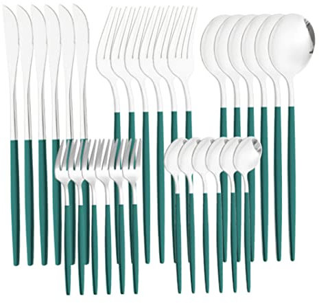 QmjdDymx 30Pcs Tableware Set Silverware Set Stainless Steel Flatware Tableware Cutlery Utensil Set for Kitchen Home, Dark Green Cutlery Utensil Set