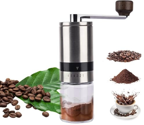 Sonhomay Manuelle Kaffeemühle aus Edelstahl, Hand-Kaffeemühle, Keramik-Frässtift, 6 einstellbare Einstellungen zum Mahlen von Kaffeebohnen, Körnern, Würzen von Nüssen