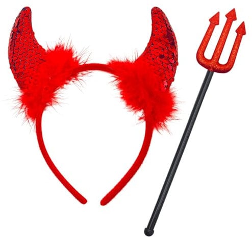 iwiio Halloween Headband, Red Devil Horns and Devil Fork Devil Set, Halloween Costume Photo Props, Red Devil Costume Accessories for Kids Adults