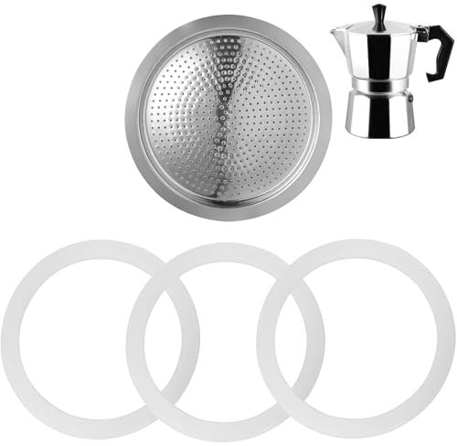 DHWEKU Filtro per caffettiera + 3 guarnizioni in Gomma, ricambi per caffettiera Italiana, Guarnizione in Gomma,Filtro in Alluminio,6 Tazze