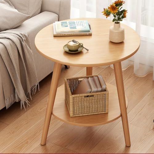 DeKeLaiFu Runder Beistelltisch, 2-stöckig, kleiner Couchtisch, Sofatisch für Wohnzimmer, Schlafzimmer, Nachttisch aus Holz, Gartentisch, Picknicktische, 40 (T) x 52 (H) cm (Eiche)