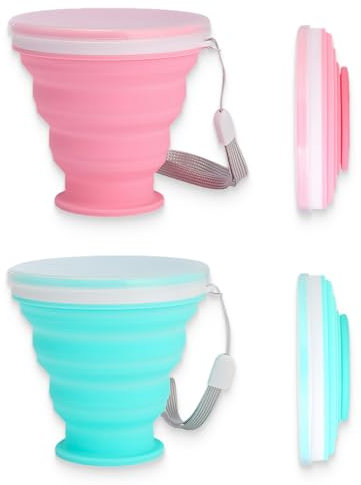 KOLZEMV copas de silicona Plegable 2 Pcs sin BPA, vaso plegable silicona, Viajes Plegado, Plegado Tazas de Plástico de Silicona Junta de la Tapa,de Picnic Portátil Reutilizable,Caminatas al Aire Libre