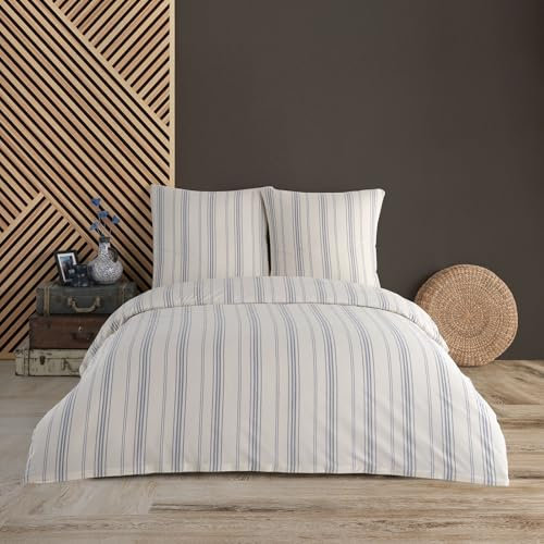 Buymax® Bettwäsche 200x220 cm 100% Baumwolle 3-Teilig Natur Bettwäsche-Set Bettgarnitur mit Reißverschluss Bettbezug und Kissenbezug 80x80 Streifen Muster (Weiß-Blau)