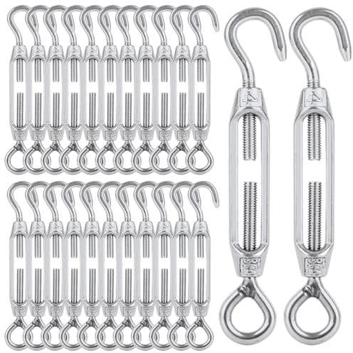 MIVIDE 24 Pcs Tendeur Cable M4, Tendeur Cable Inox 304 Réglable Crochet de Ridoir et Oeil, Tendeur de Fil pour Fil de Jardin, Système de Câble, Tendeur Accessoires