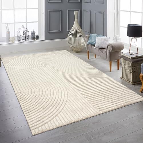 Teppich-Traum Teppich Wohnzimmer Schlafzimmerteppich Gästezimmer Fußbodenheizung geeignet Pflegeleicht Linien- und Bogenmuster in beige, 120 x 170 cm