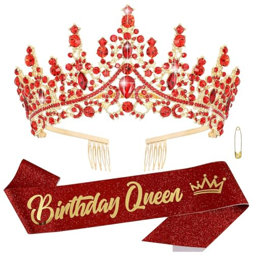 Rot Geburtstag Krone Schärpe, Kristallkrone Tiara, Barock Krone, Strass Queen Crowns, Tiaras Kronen Stirnband mit Strasskamm, Für Geburtstagsgeschenk, Geburtstagsfeier