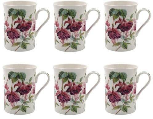 Tamersgifts Fine China Floral Mugs, 300ml Capacity, Set of 6, Assorted Garden Flower Designs (6 Fuchsia Coffee Mugs)
