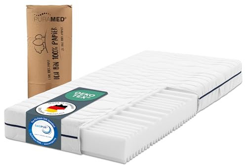 PURAMED Kaltschaummatratze - 100x200 cm - Höhe 16 cm - Härtegrad H2 & H3 - ergonomische 7-Zonen Matratze - produziert in Deutschland - waschbarer Mikrofaser-Bezug - Oeko-TEX® & CertiPUR Zertifiziert