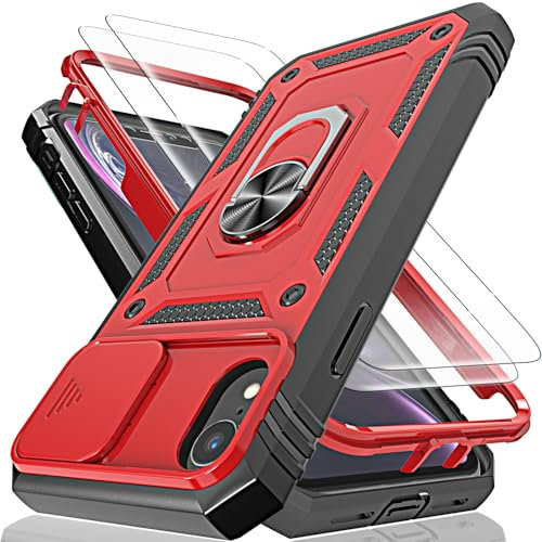 for iphone XR Case with Camera Cover Slider, 2*Screen Protectors,Build in 360°Rotating Ring Kickstand, Military Grade Protective Case for iphone XR-Black/Red