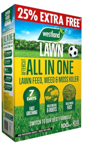 Aftercut All In One Lawn Feed, Weed & Moss Killer - Fast-Acting Lawn Fertilizer for Healthy Growth, Effective Weed and Moss Control - Ideal for Lush, Green Lawns (80m2 Plus 25% Extra Free)