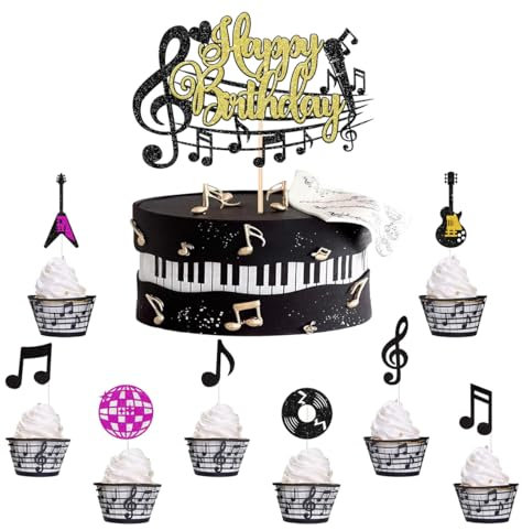 SANYUANHE Musik Torte Dekoration, 23 Pcs Musik Cupcake Topper Alles Gute zum Geburtstag Glitter Note Dekoration, Black Note Gitarre Torte Thema Deko, Disco Rock Cupcake Topper