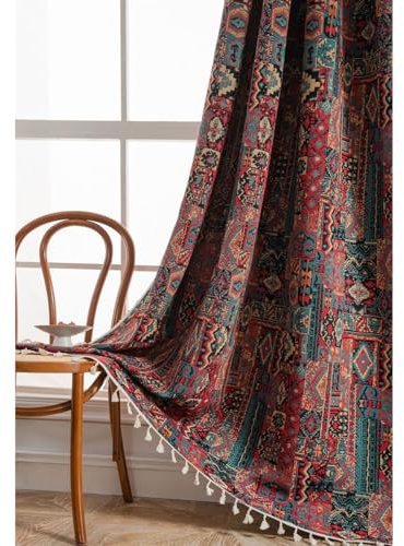 Tokusyou Boho Vintage Gardinen Blickdicht Ethno Vorhänge Bohemian Leinenoptik Rot Jacquard Baumwolle Rustikal Vorhang mit Quaste Rod Pocket für Schlafzimmer Küche 1er Set B150×H220cm