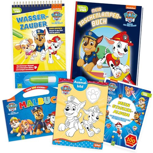 Paw Patrol Malbuch 4er Set – Wasserzauber, Stickerbuch, Taschenlampenbuch & Sticker-Album + exklusive Beigabe Ausmalbild & Labyrinth – Patrol Buch & Wassermalbuch für Kinder ab 3 Jahre