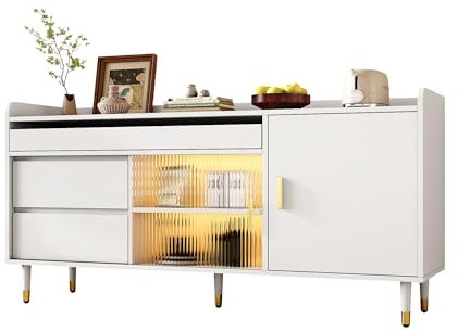 Generisch Commode blanche avec 2 portes coulissantes et 3 tiroirs et 16 couleurs d'éclairage LED - Meuble de couloir - Commode en bois - 140 x 38 x 76 cm